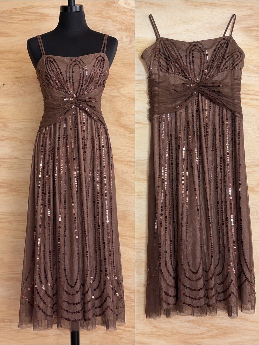 BCBGMAXAZRIA Sequin Mesh Maxi Dress Brown Size L NWOT